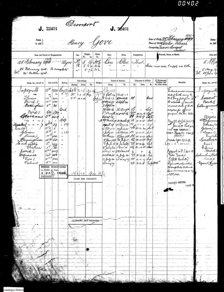 Henry Gove RN Service Record at TNA Reference ADM 188.691.22401