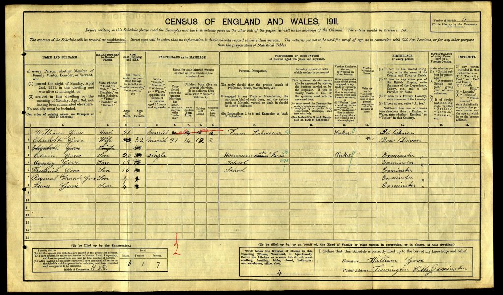 Henry Gove shown at School and living in Exminster on the 1911 Census