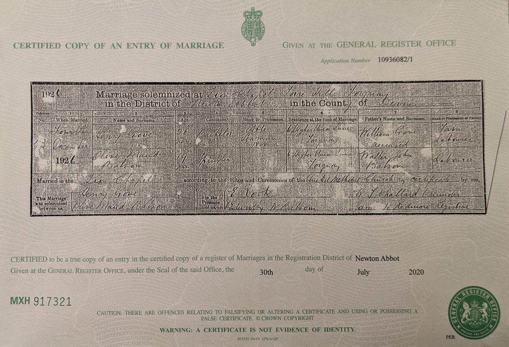 Marriage Certificate for Henry Gove & Maud Olive Balsom on 4th December 1926
