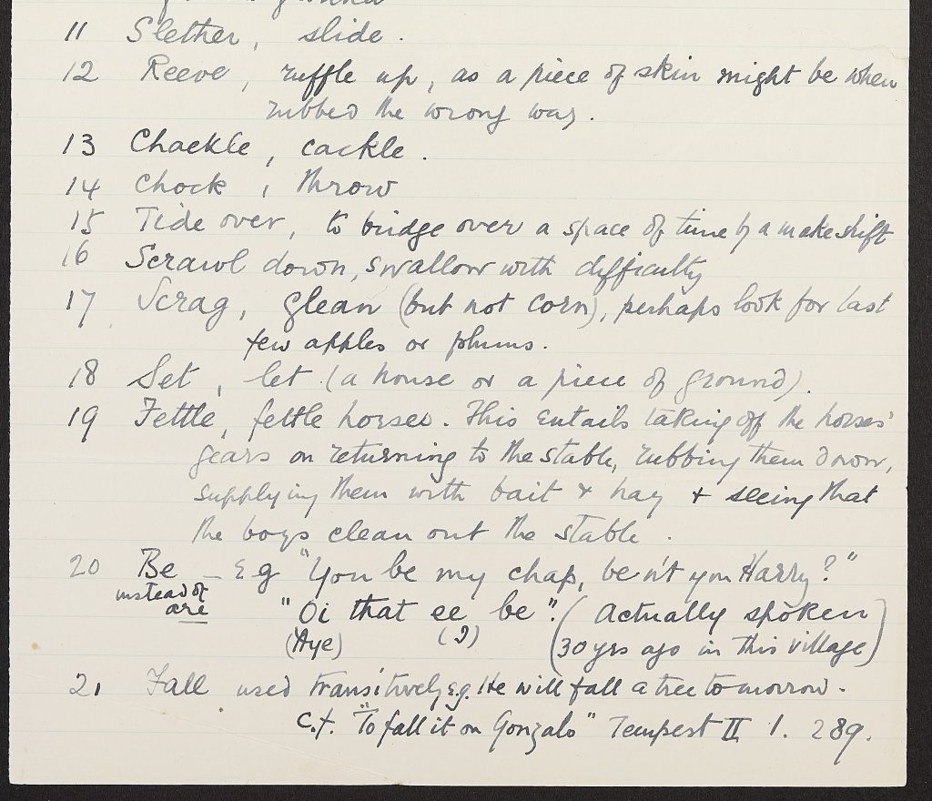 List of Verbs taken from the papers of Frances Bomford at Finding No: 899:276 BA13866