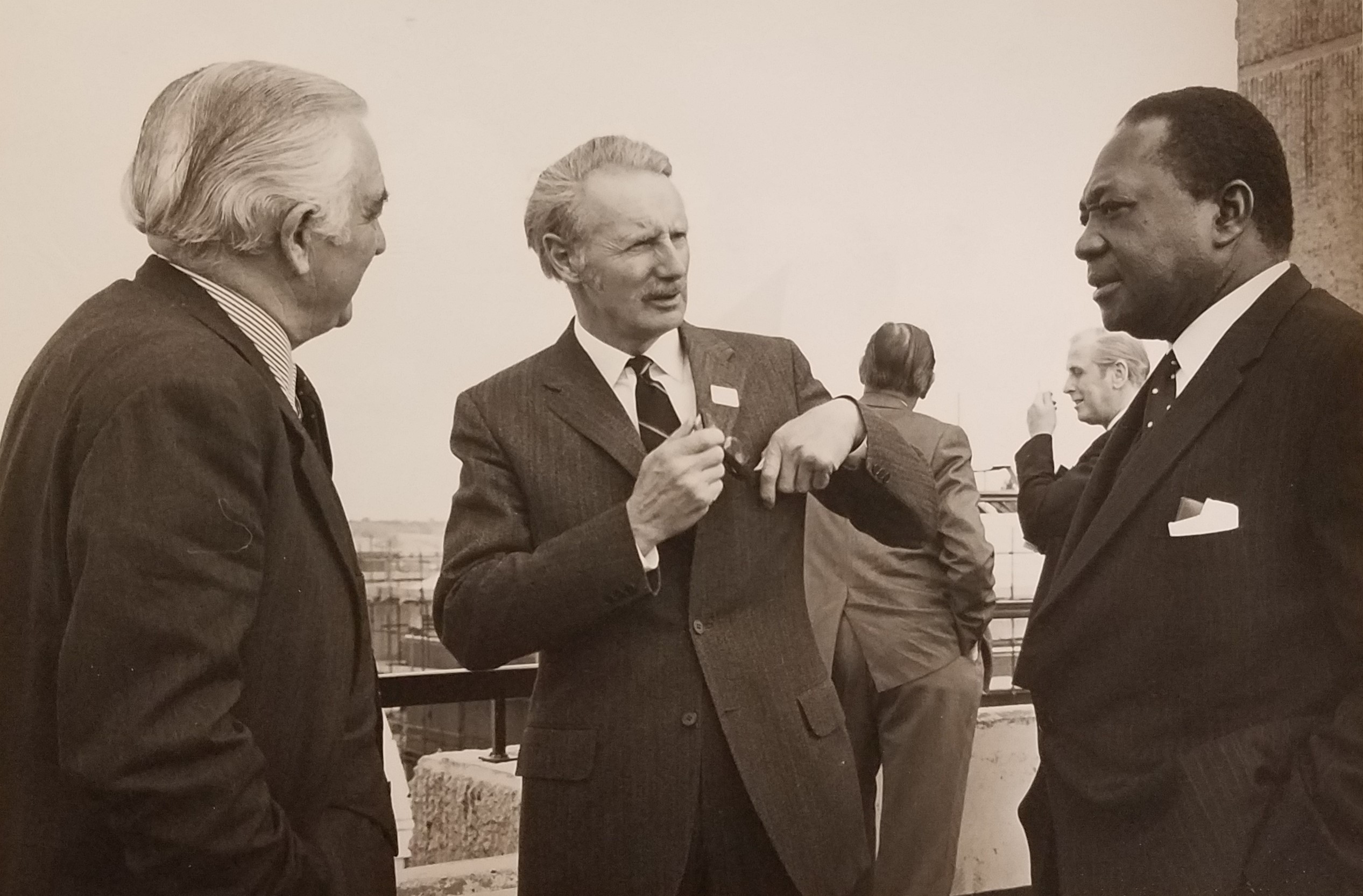 Otomfuo Opoku Ware II, Asantahene - Traditional Ruler of the Ashanti Region of Ghana with Accompanied by Sir Edward Thompson (left) Chairman of RDC and Mr Brian Bunch  (middle) chief Architect and Planning Officer. 