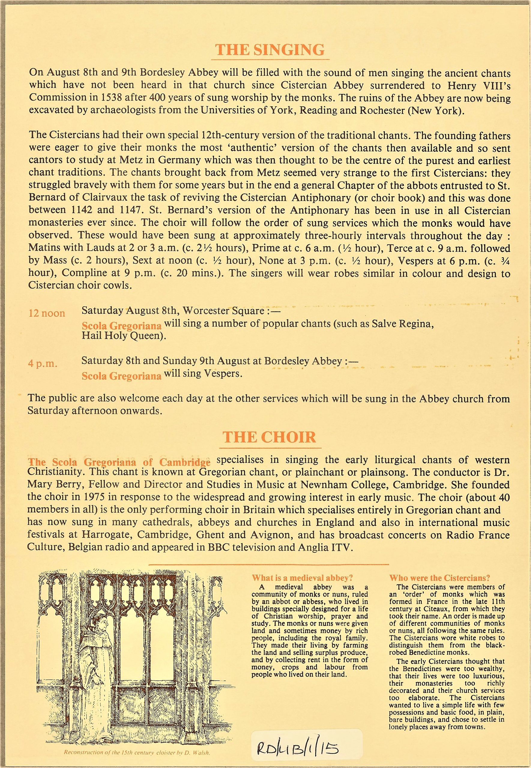 Cisterian Vespers at Bordersley Abbey Leaflet. Back. August 1981. BA14226/35/17