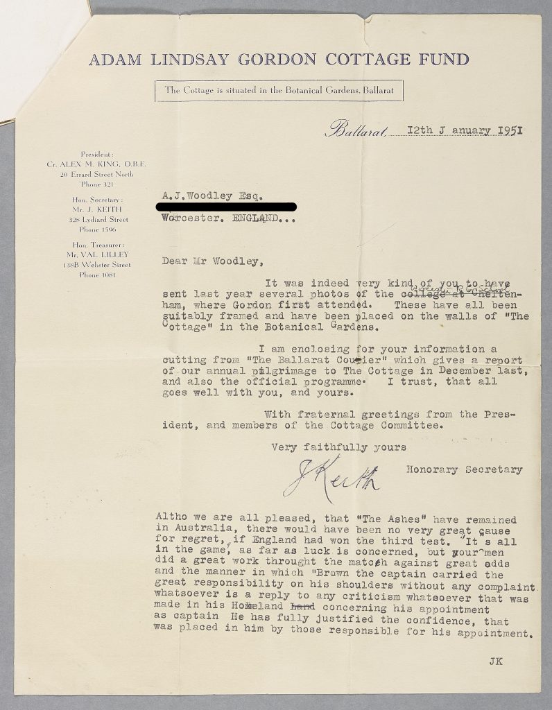 Letter from The Adam Lindsay Gordon Cottage Fund to A.J. Woodley, 12th January 1951