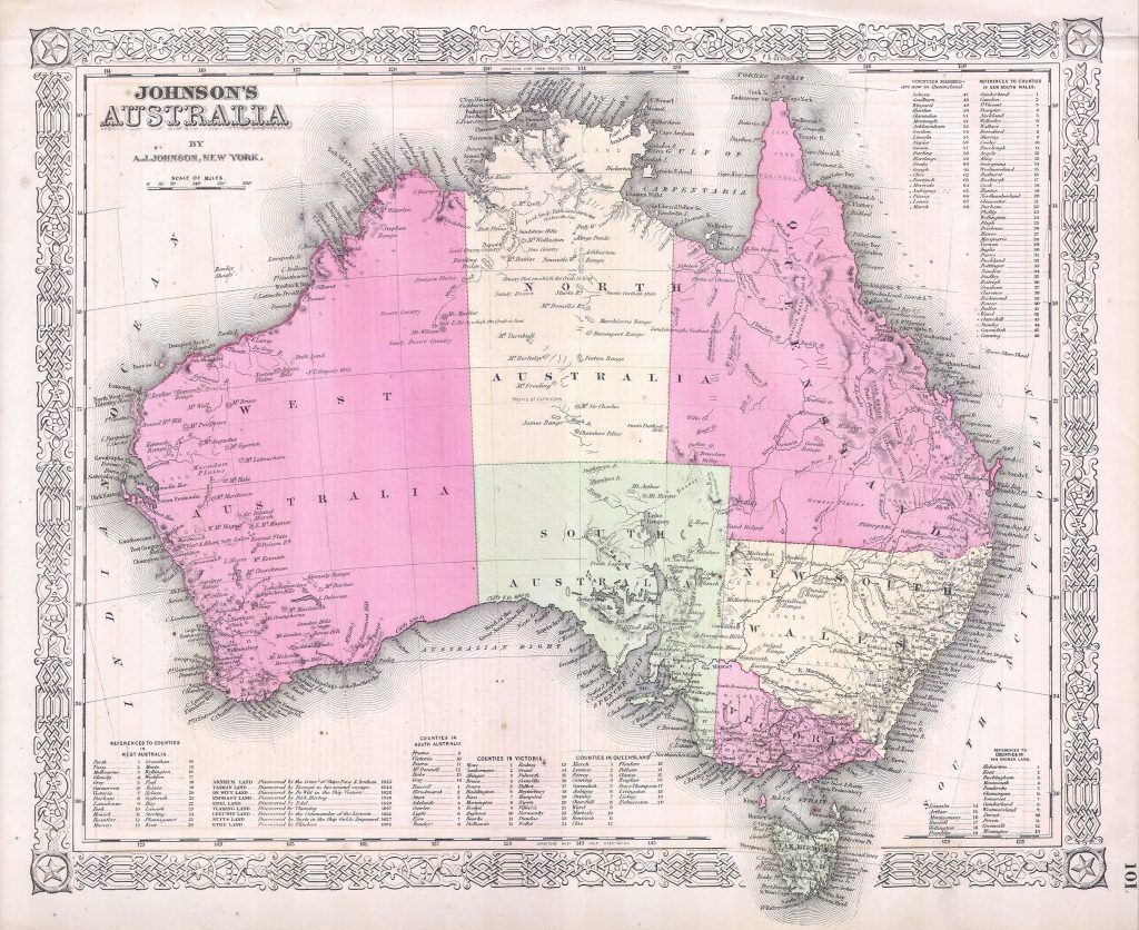 Map of Australia by Alvin Jewett Johnson c.1865 © Public Domain