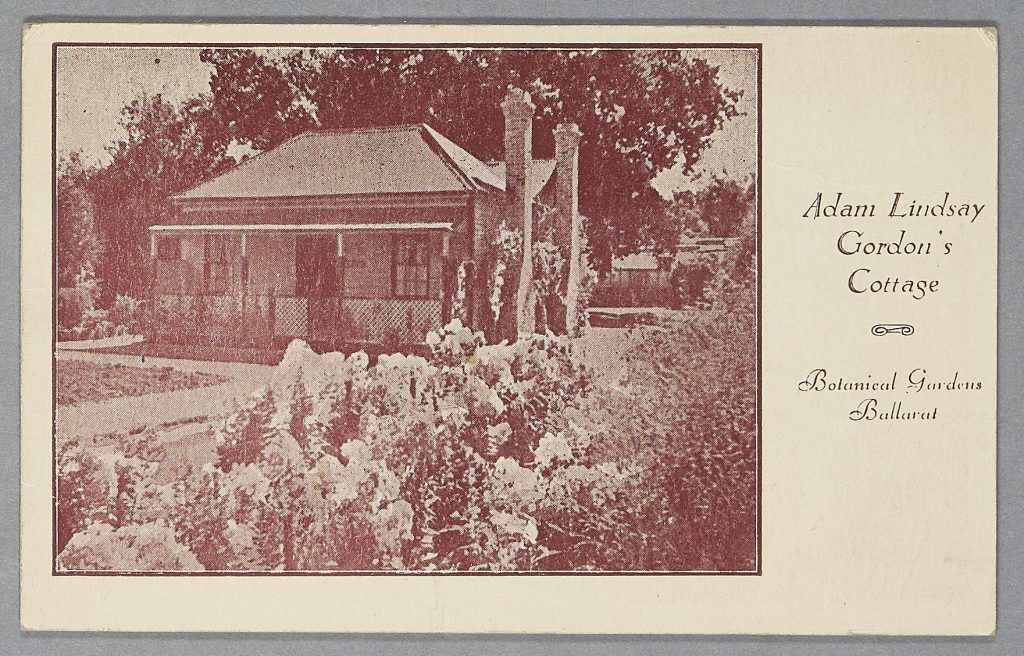 Souvenir Postcard showing Adam Lindsay Gordon's Cottage Botanical Gardens, Ballarat, Victoria