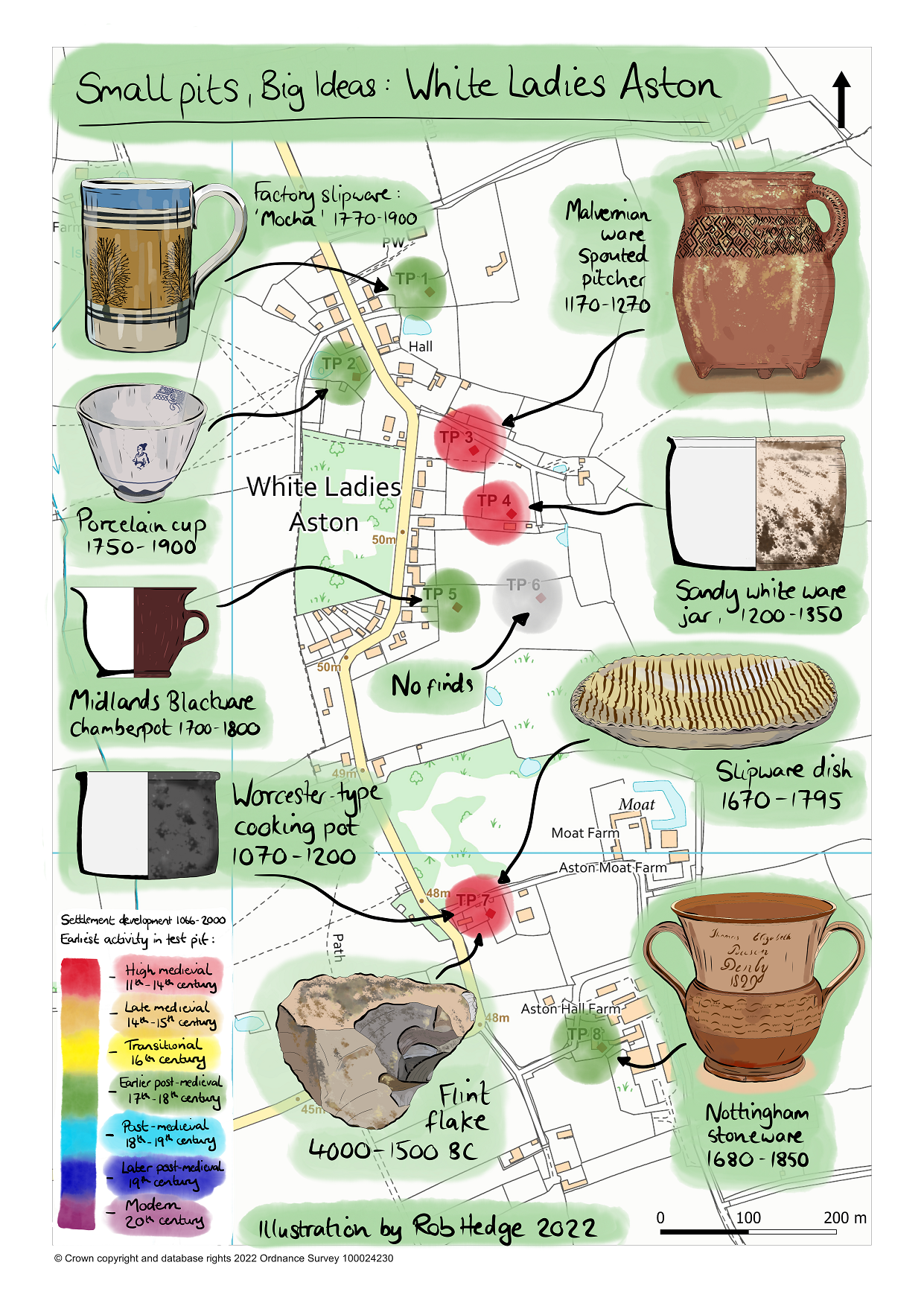 White Ladies Aston test pit finds map