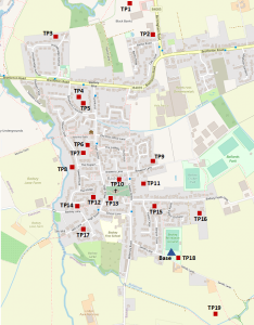 Map showing locations of test pits in Badsey
