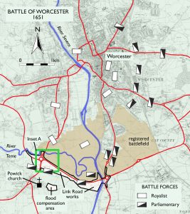 Map showing site of Battle of Worcester and highlighting area where fieldwork took place