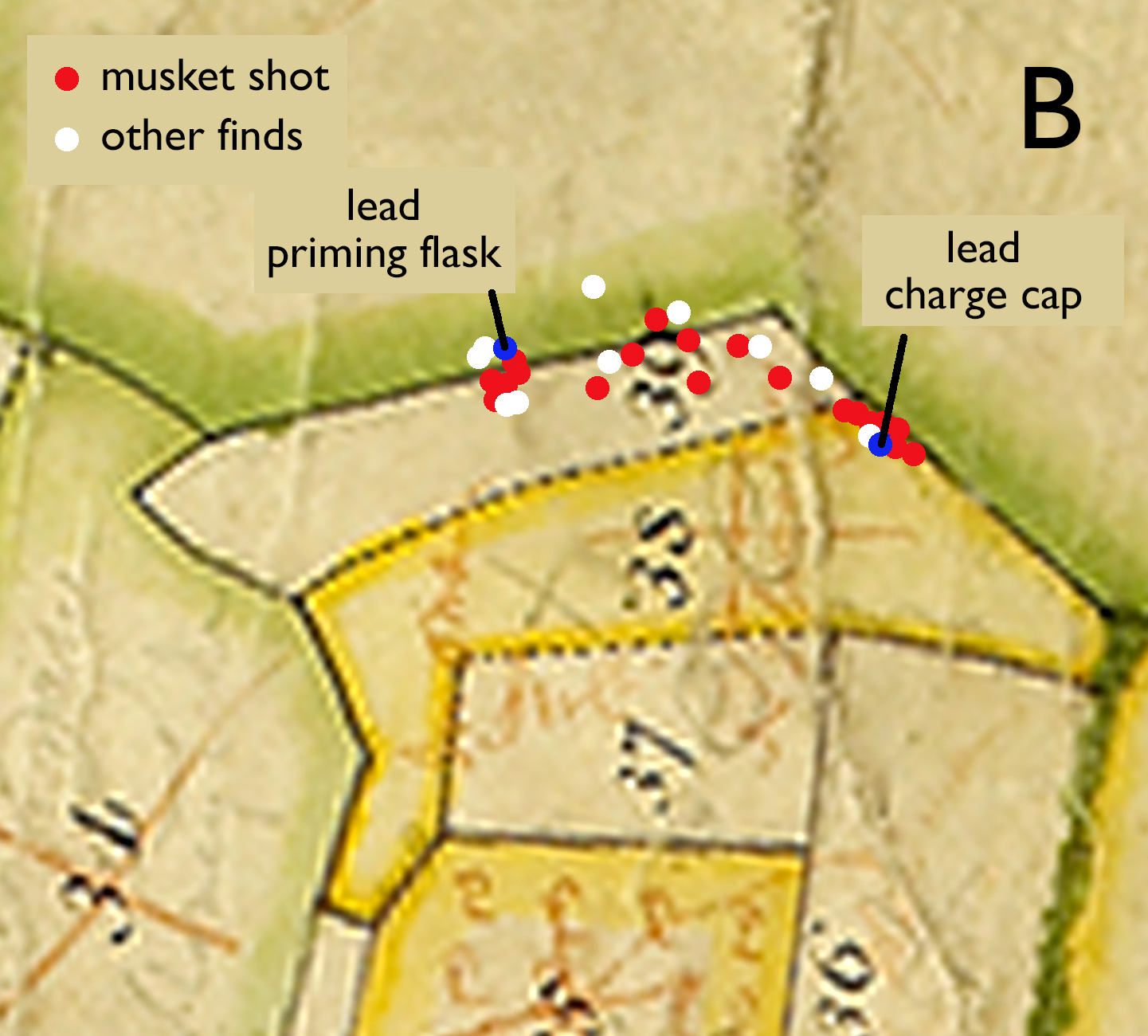 Map showing finds types from the battlefield (Inset B)