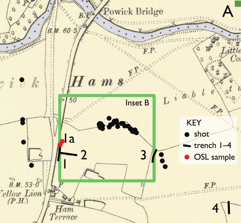 Historic map overlain with trench, OSL sample and shot locations