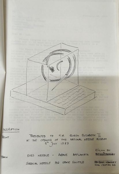 Draft text for the NASA Certificate along with a drawing of the trophy presented to the Queen.