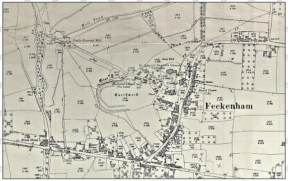 Historic map of Feckenham showing earthworks of the moated manor site