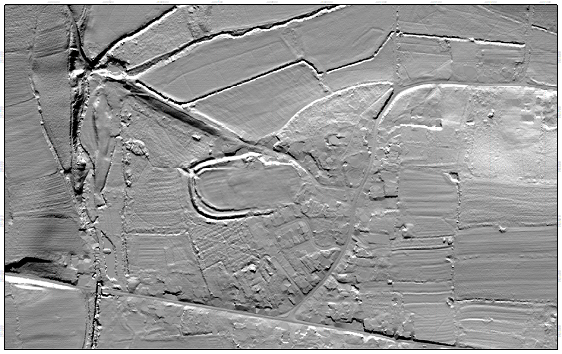 Greyscale topographic lidar image, showing earthworks of Feckenham moated manor