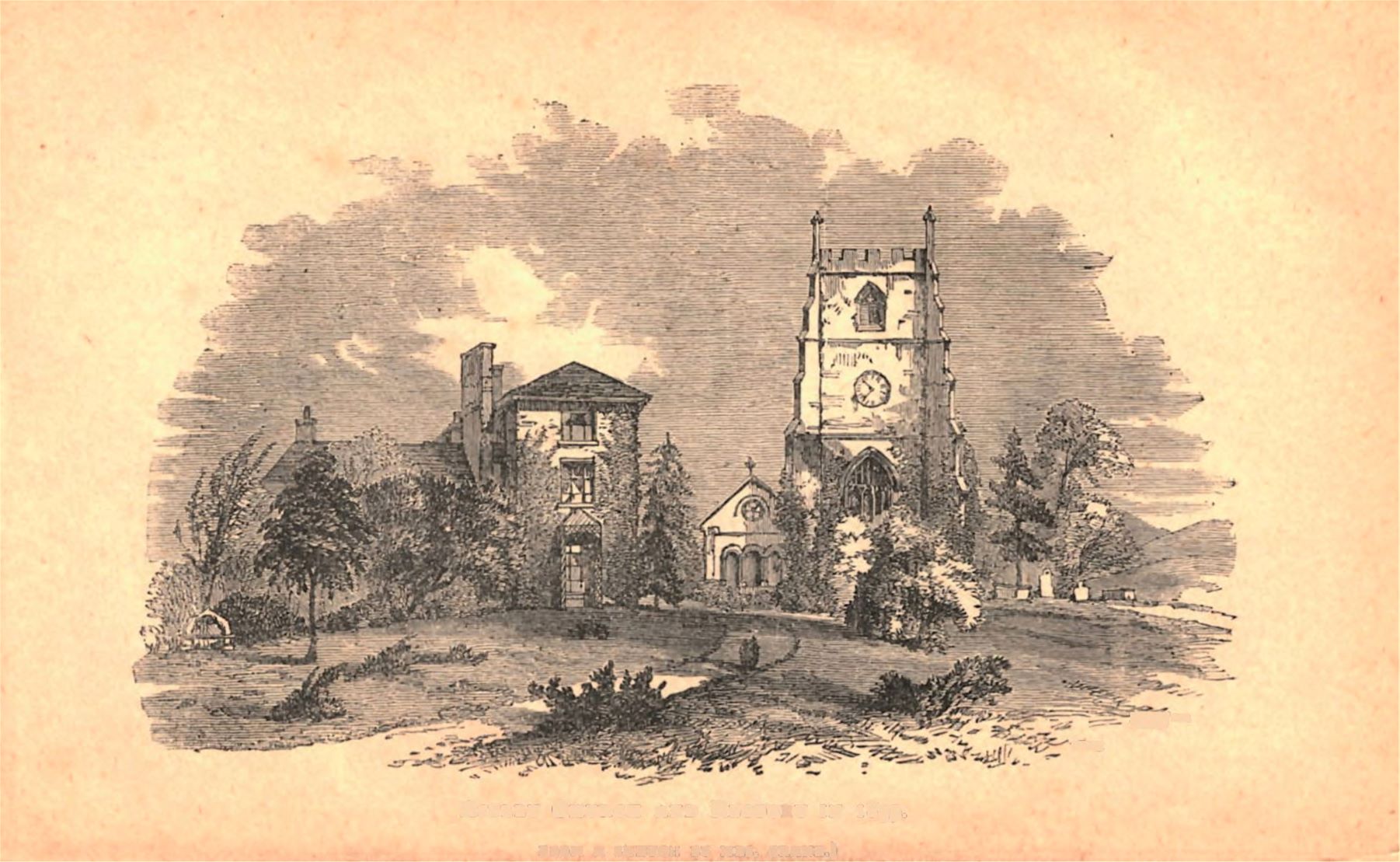 Engraving of church on right with rectory on left