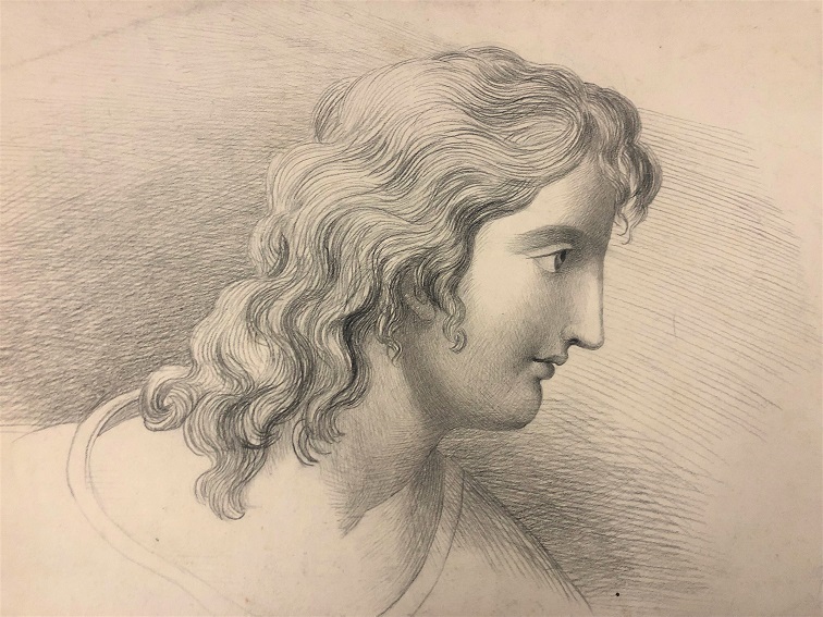 Pencil drawing of head and shoulders of person with long hair