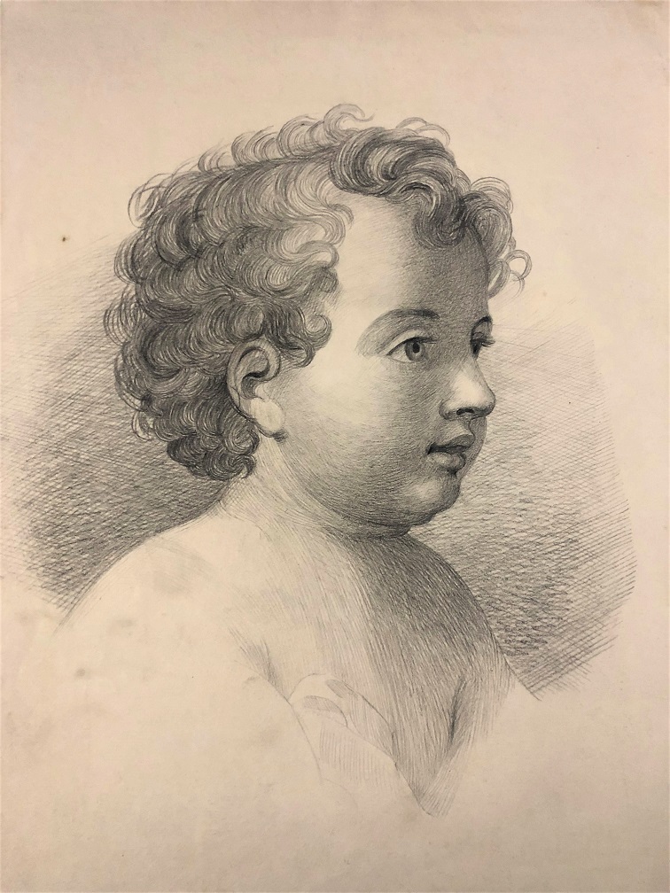 Pencil drawing of head and shoulders of child with short curly hair