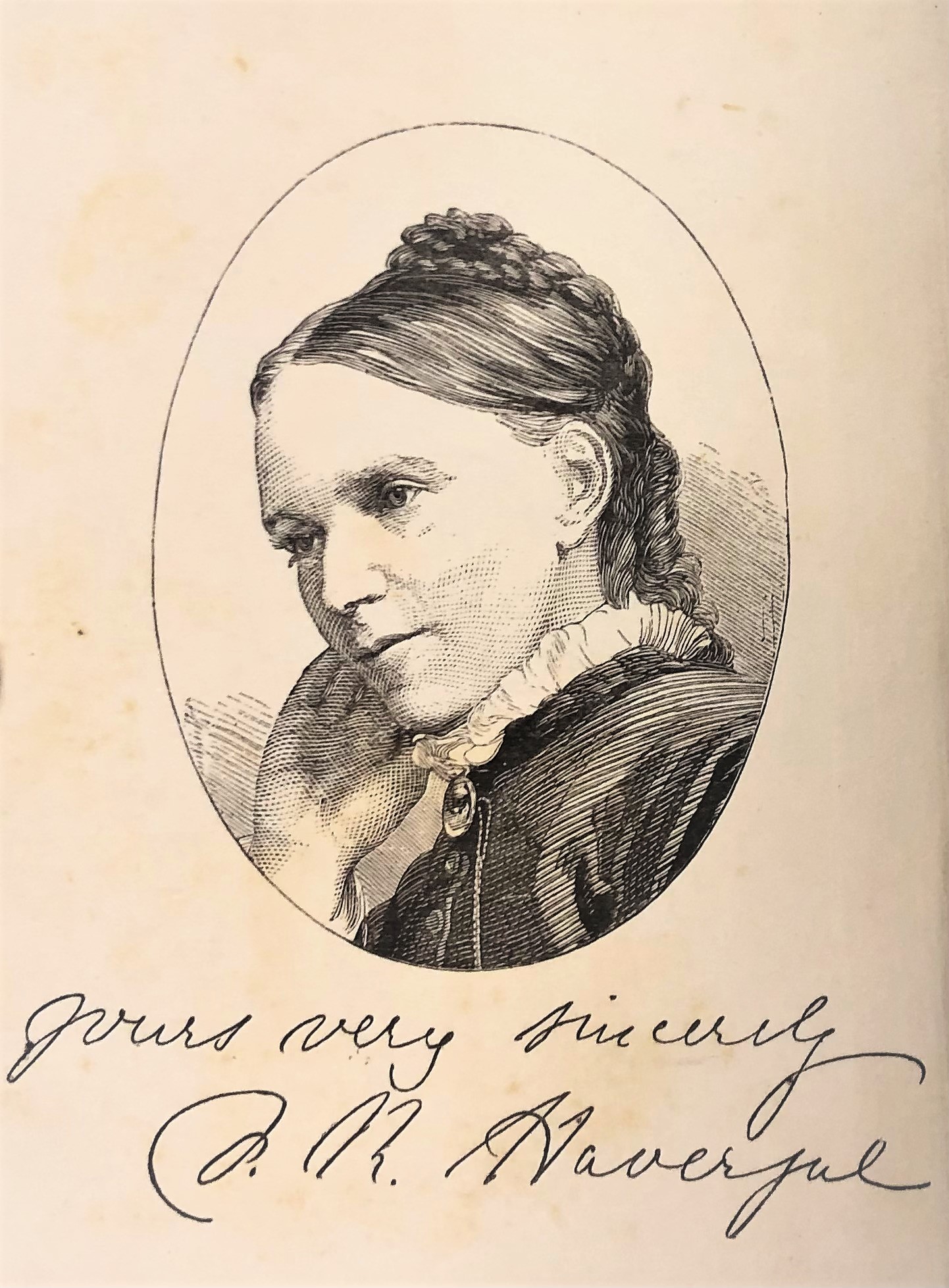 Engraving of head and shoulders of Frances Ridley Havergal with handwriting underneath 