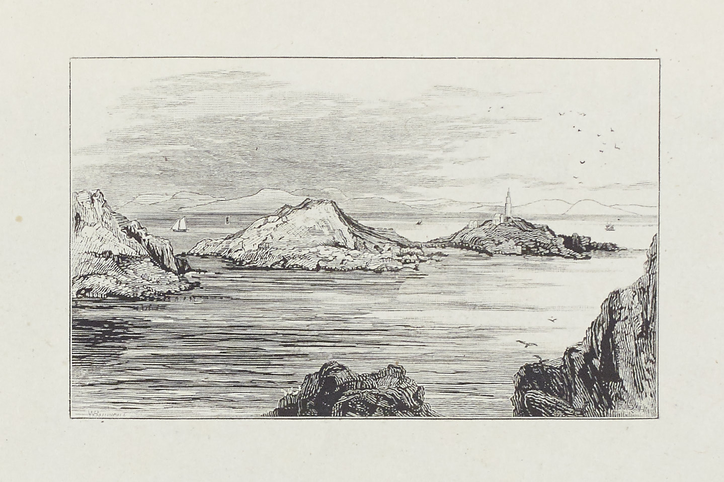 Engraving of seascape with Mumbles Lighthouse on rocky headland