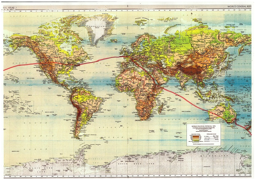World map showing route of Whinfield's journey