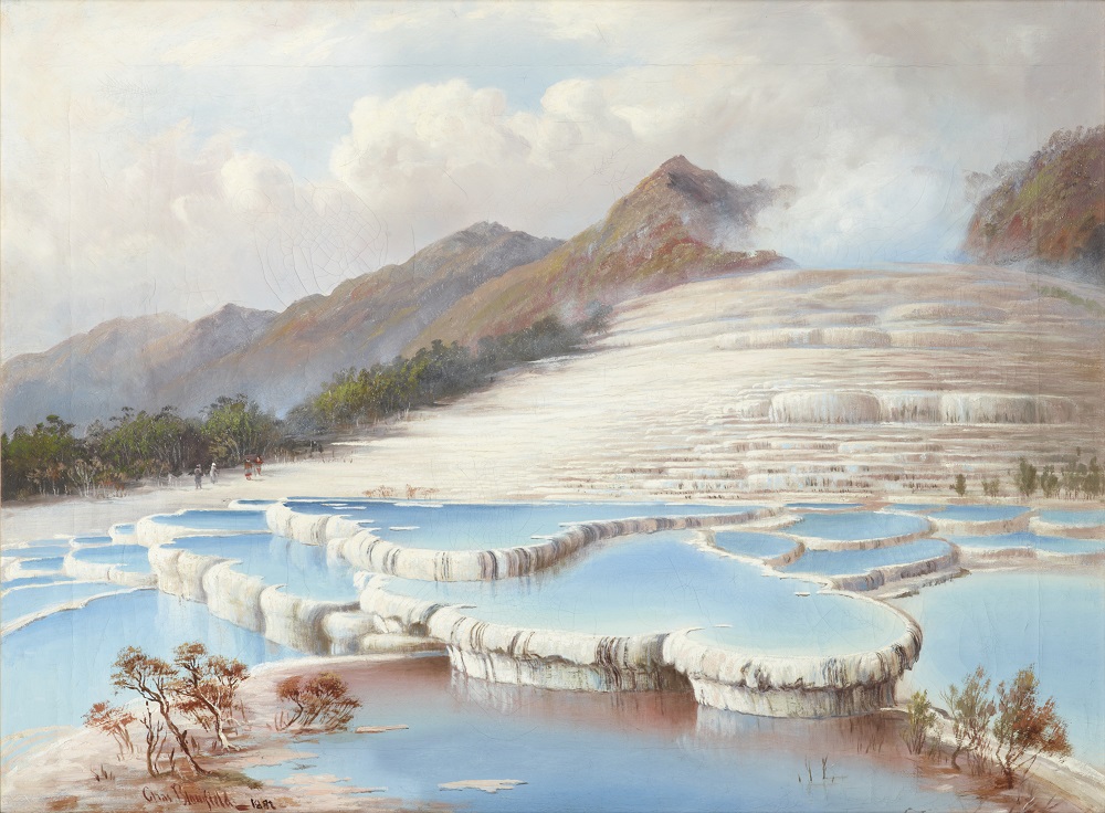 Painting showing white terraces filled with bright blue pools of water on a steep slope, with mountains beyond.