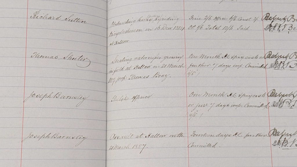 Handwritten summary on paper of indictment for Joseph Barnsley, listed alongside Thomas Shuter for stealing watercress from a field in Hallow at Ref 260.107 BA6128.8 p.92