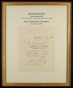 Handwritten letter mounted and in a gold frame from Lord Arthur Hill to his mother written after the battle of waterloo