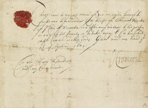 Handwritten order on paper signed by Oliver Cromwell with a red seal in the top left hand corner