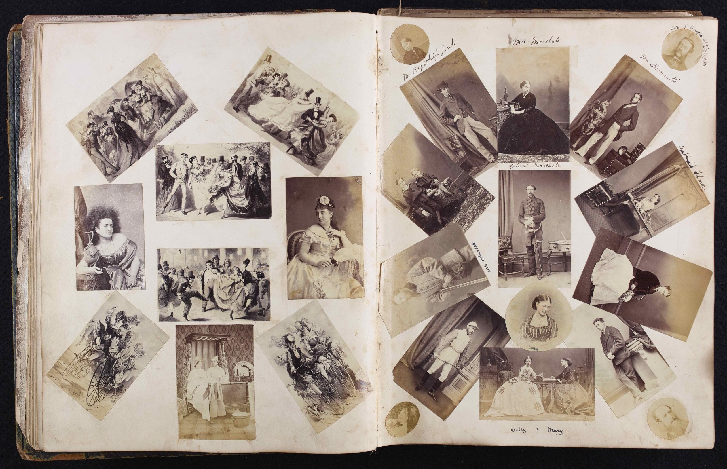 Double page collage made up of various photographs of different people in an album