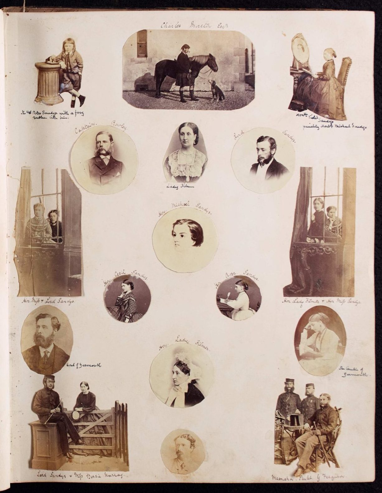 Collage of photographs of different people, mainly portraits, in an album