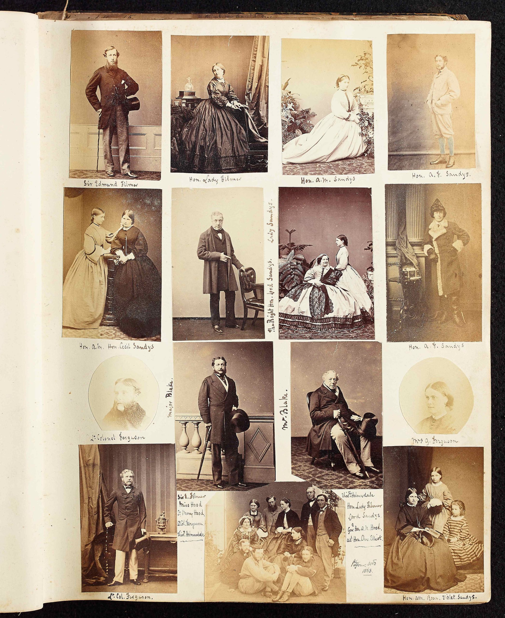 Collage of photographs of different people, mainly portraits, in an album