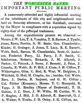 Newspaper article with heading 'The Worcester Banks important public meeting"