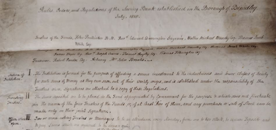 Handwritten document called 'Rules, Or4ders and Regulations of the Saving Bank 1818'