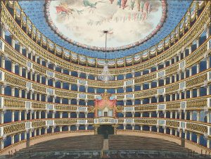Colour watercolour painting of the empty seats in the grand opera house in Naples, in blue and gold