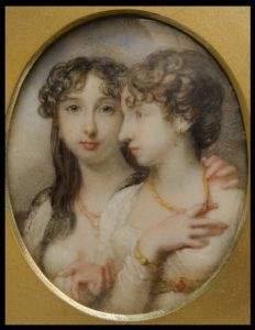 Colour portrait painting of Charlotte and Mary Hill - two young girls with brown curly hair