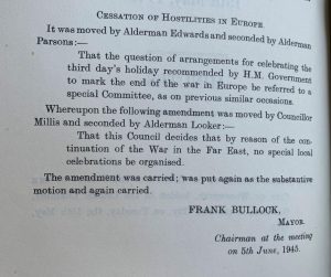 Entry from year book saying that VE day would not be celebrates as the war in the East was still ongoing.