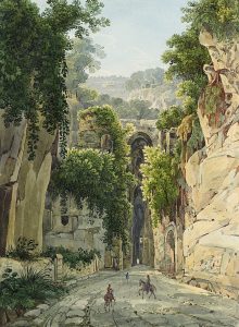 Colour watercolour painting from Lady Mary's travel journal of a country road with two men on horses on the road