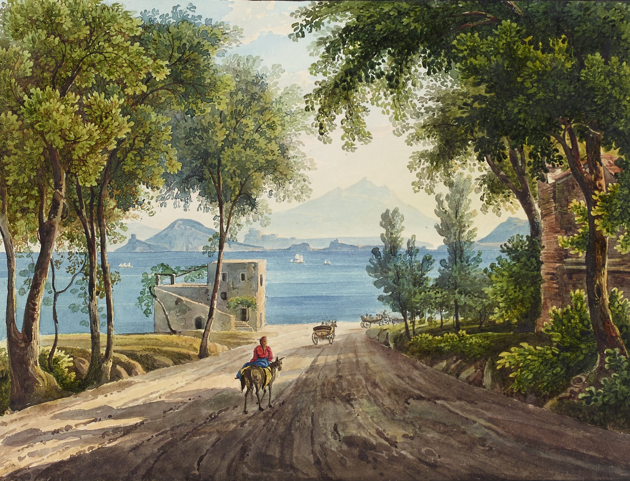Colour painting of a a person on horseback on country road leading towards the sea