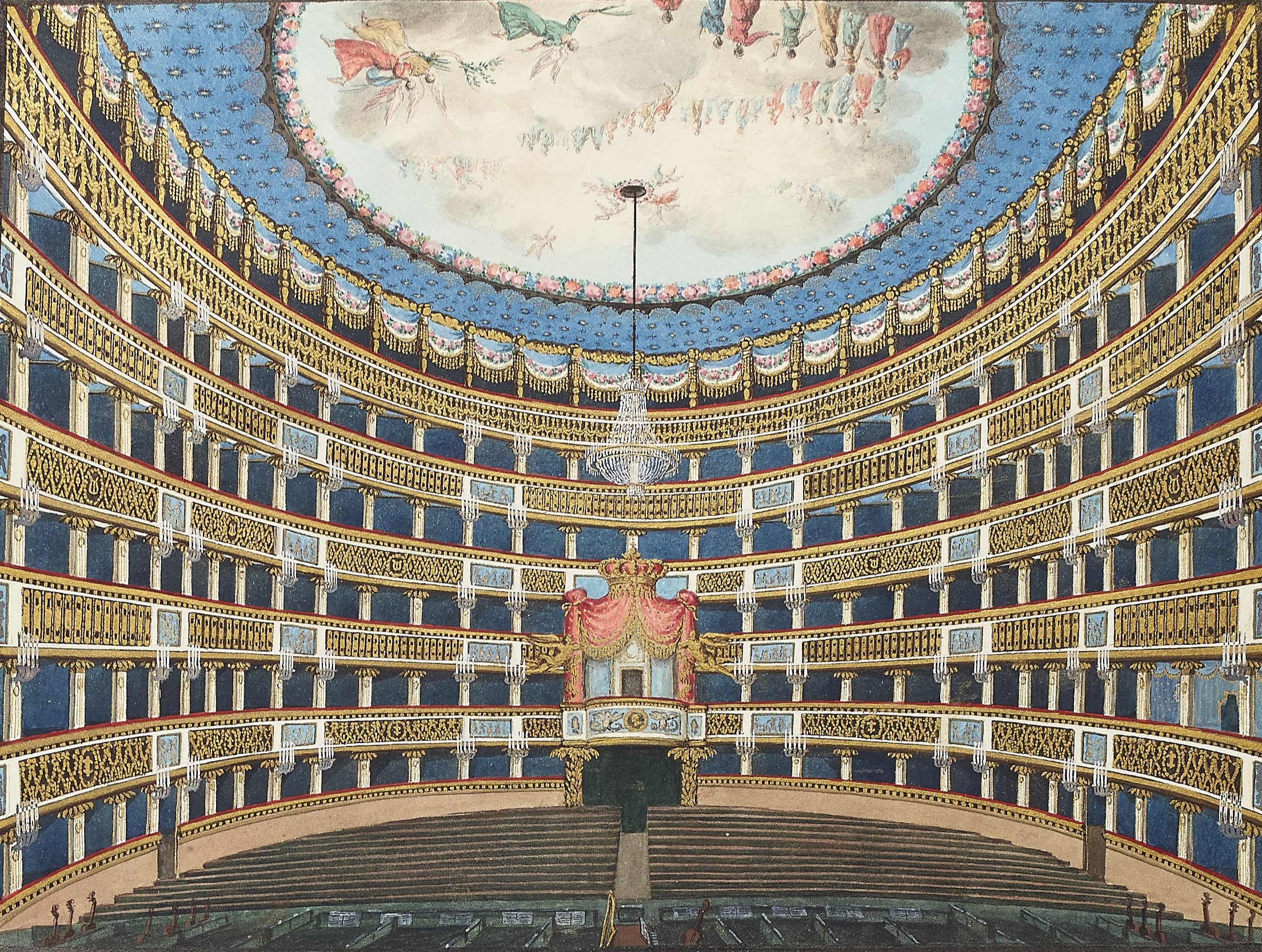 Colour painting of the auditorium in the opera house in Naples 
