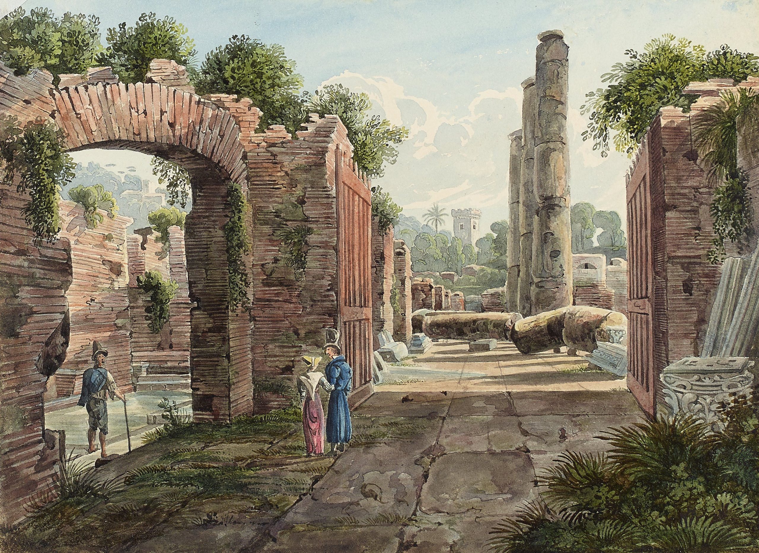 Colour painting of three people outside standing in the ruins of a building