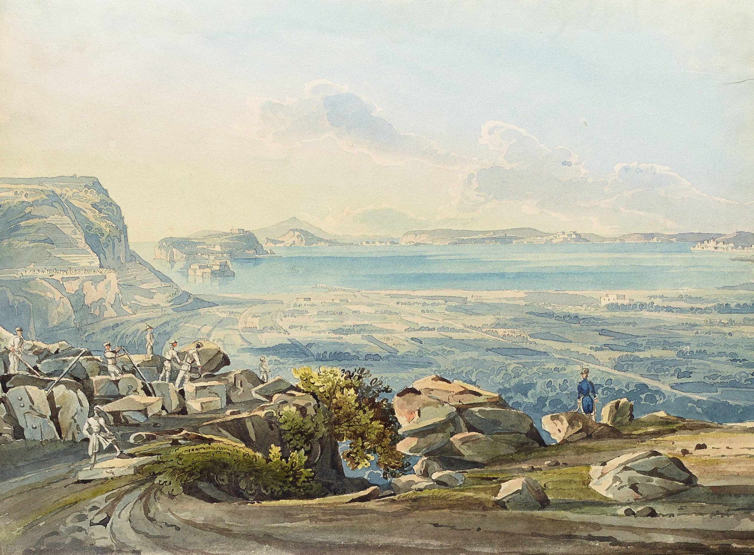 Colour painting of the sea with people on the rocks in foreground