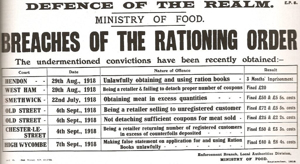 A digital copy of a Breaches of the Rationing Order leaflet describing various penalties given out to people breaching the wartime rationing legislation produced by the Government’s Ministry of Food dated September, 1918