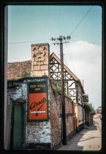 Historic photograph of the Hope Pole Inn, Droitwich. A black and white timber framed building.