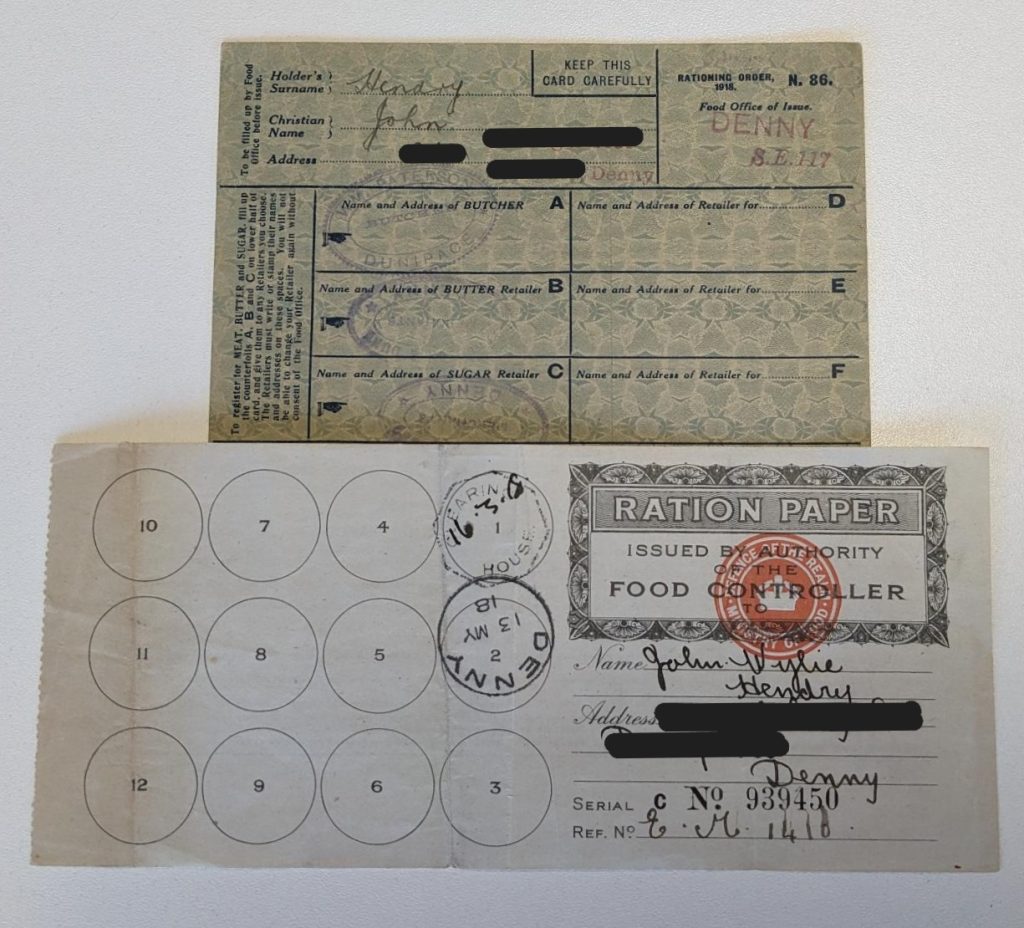 A digital copy of food ration papers for John Wylie Hendry of Dunipace, East Sterlingshire c.1918 at Finding No 705.1206 BA10947.3-4 These papers contained coupons designed to be exchanged for food during the First World War