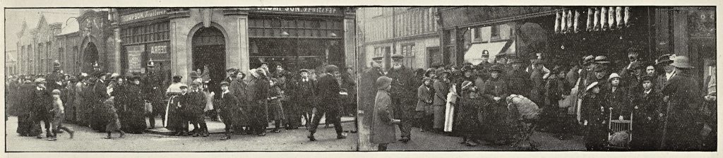 A digital image of a black and white photograph showing people queuing outside a building for potatoes taken from the Worcestershire Newspaper the Berrow's Worcester Journal dated 1917.