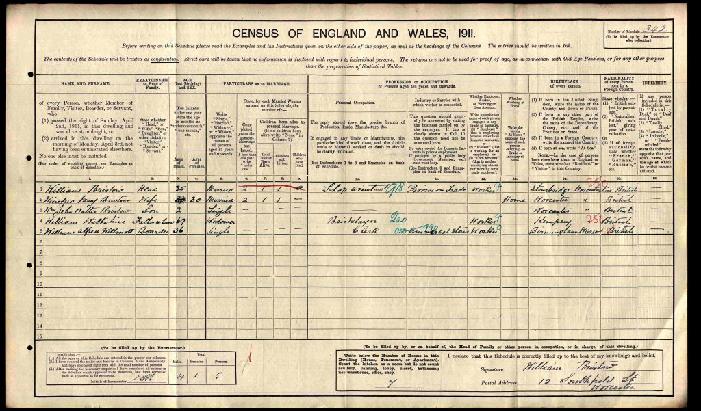 Digital copy of an entry from the 1921 Census, which describes where Winifred Mary Bristow was living in 1911 with her family.