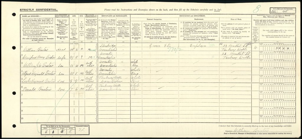 Digital copy of an entry from the 1921 Census, which describes where Winifred Mary Bristow was living at 22, Market Street, Tenbury with her family.