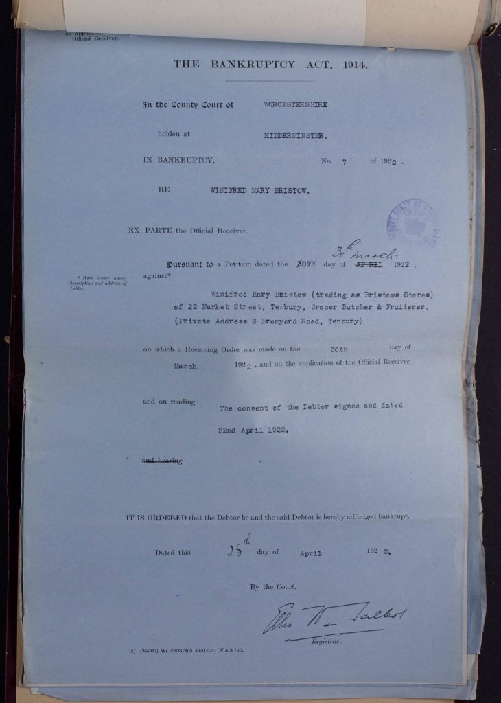 A page taken from the paper and board Bankruptcy case file for Winnifred Mary Bristow which confirms by signed notice of Bankruptcy, that Winifred has been adjudged Bankrupt at Finding No: b499 BA10034/13iii/116
