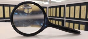 A colour photogrpah of a magnifyig glass.