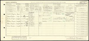 An entry from the 1921 census dhowing James Gregson living with his father Robert.