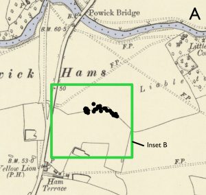Section of historic map showing cluster of finds